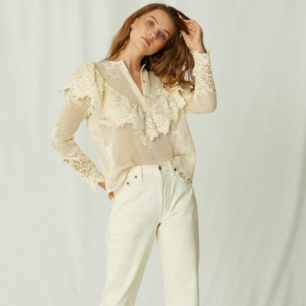 🌼Jen's Pirate Booty, Seaside  Net-Mesh Lace Blouse Size L - Picture 9 of 10